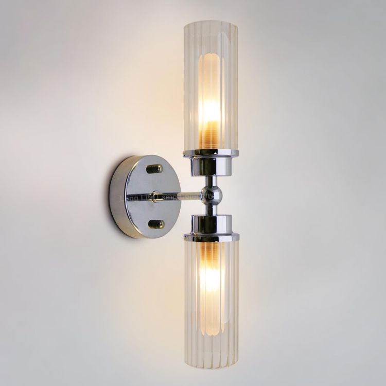 Picture of Twin Ribbed Glass Bathroom Wall Light Polished Chrome Slim Side Mirror Lights IP44