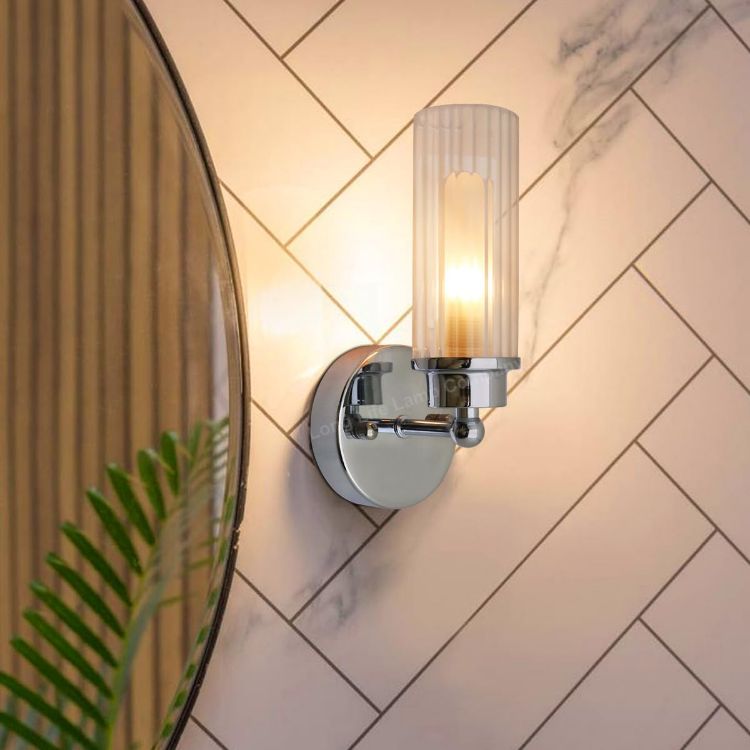 Picture of Twin Ribbed Glass Bathroom Wall Light Polished Chrome Slim Side Mirror Lights IP44