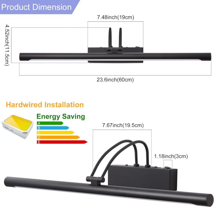 Picture of LED Bathroom Wall Light Black LED Picture Lights for Wall with Switch 60CM | Bathroom Mirror Light, 270° Adjustable, 800Lumen Waterproof, 3 Color Temperature, Vanity Lights, Hardwired