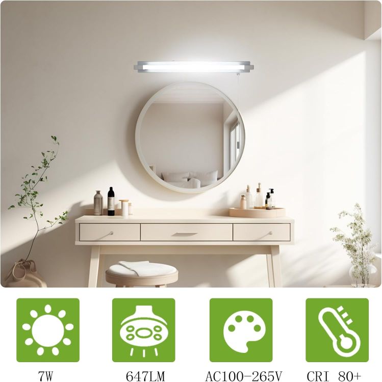 Picture of Luxvista LED Bathroom Mirror Light with Pull Cord Switch 7W, IP44 Waterproof Bathroom Wall Light with Pull Cord, Wall Light Over Mirror Lamp for Shaving and Makeup, Cool White 6000K