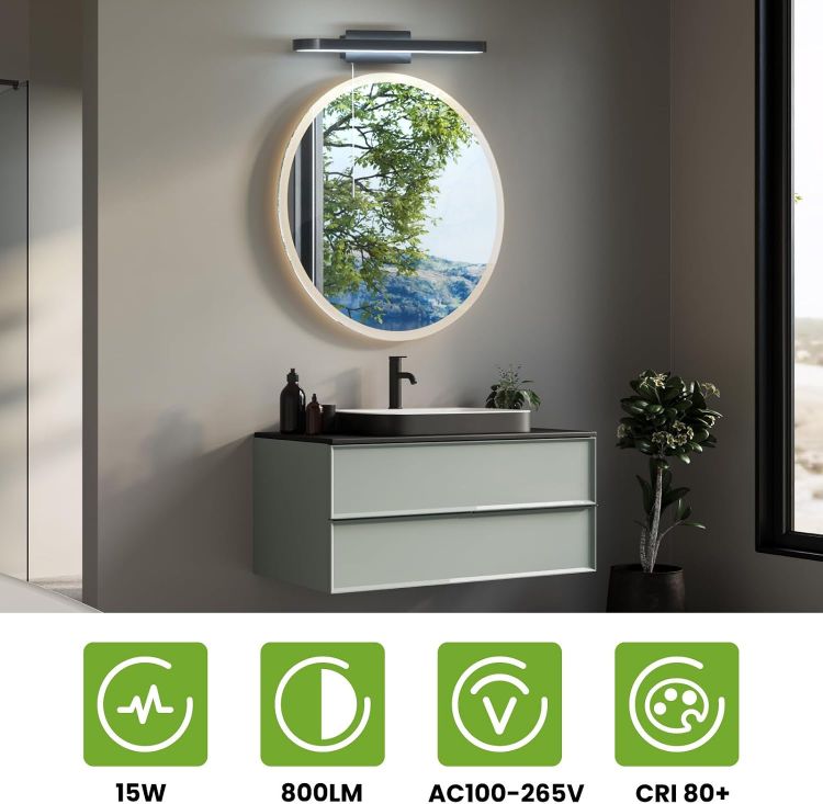 Picture of Luxvista Bathroom Over Mirror Light with Pull Cord 15W, IP44 Waterproof LED Bathroom Wall Light with Pull Cord Switch, Bathroom Mirror Light for Shaving and Makeup, Cool White 6000K