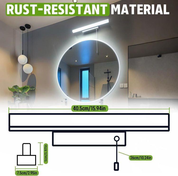 Picture of Luxvista LED Bathroom Mirror Light with Pull Cord Switch 9W, IP44 Waterproof Bathroom Wall Light with Pull Cord, Over Mirror Light for Shaving and Makeup, Cool White 6000K