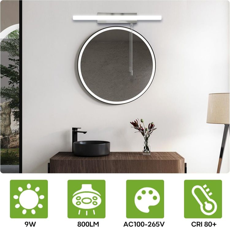 Picture of Luxvista LED Bathroom Mirror Light with Pull Cord Switch 9W, IP44 Waterproof Bathroom Wall Light with Pull Cord, Over Mirror Light for Shaving and Makeup, Cool White 6000K