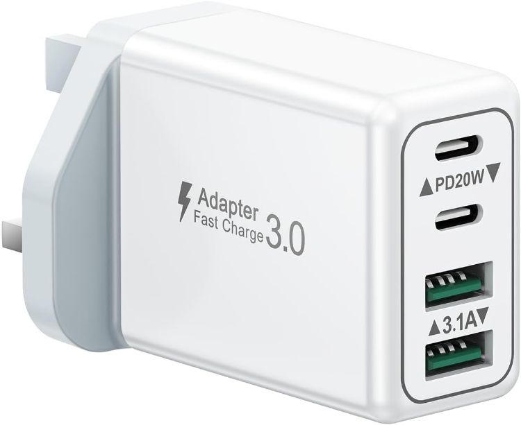 Picture of USB C Plug, 40W 4-Port Fast Charger Plug UK Dual Port PD Power Adapter +QC Multi Mains Wall Charger Type C Charging Plug for iPhone 17 16 15 14 13 12 11 Pro Max Plus XS XR SE,Samsung, iPad, AirPods