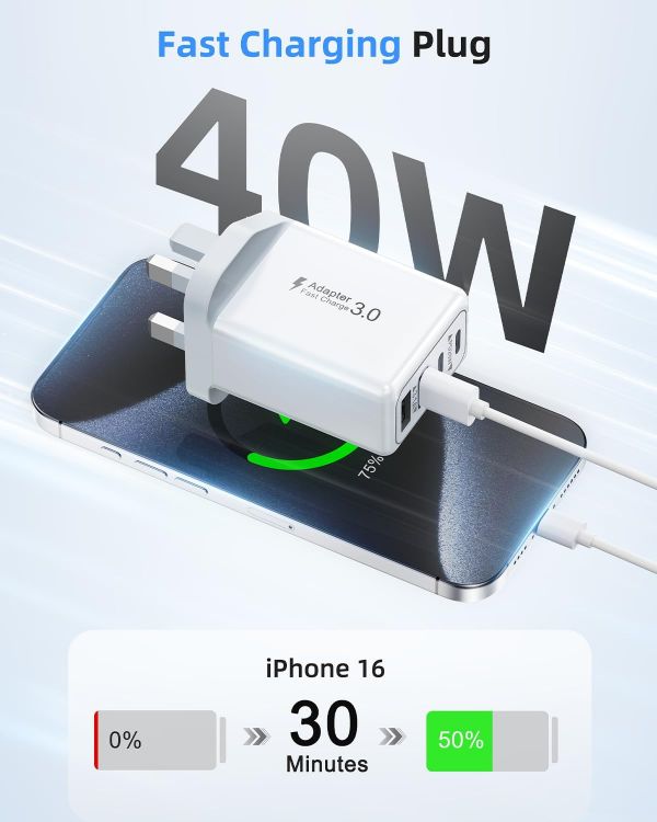 Picture of USB C Plug, 40W 4-Port Fast Charger Plug UK Dual Port PD Power Adapter +QC Multi Mains Wall Charger Type C Charging Plug for iPhone 17 16 15 14 13 12 11 Pro Max Plus XS XR SE,Samsung, iPad, AirPods