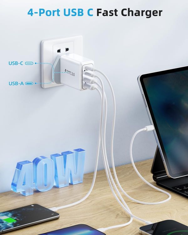 Picture of USB C Plug, 40W 4-Port Fast Charger Plug UK Dual Port PD Power Adapter +QC Multi Mains Wall Charger Type C Charging Plug for iPhone 17 16 15 14 13 12 11 Pro Max Plus XS XR SE,Samsung, iPad, AirPods