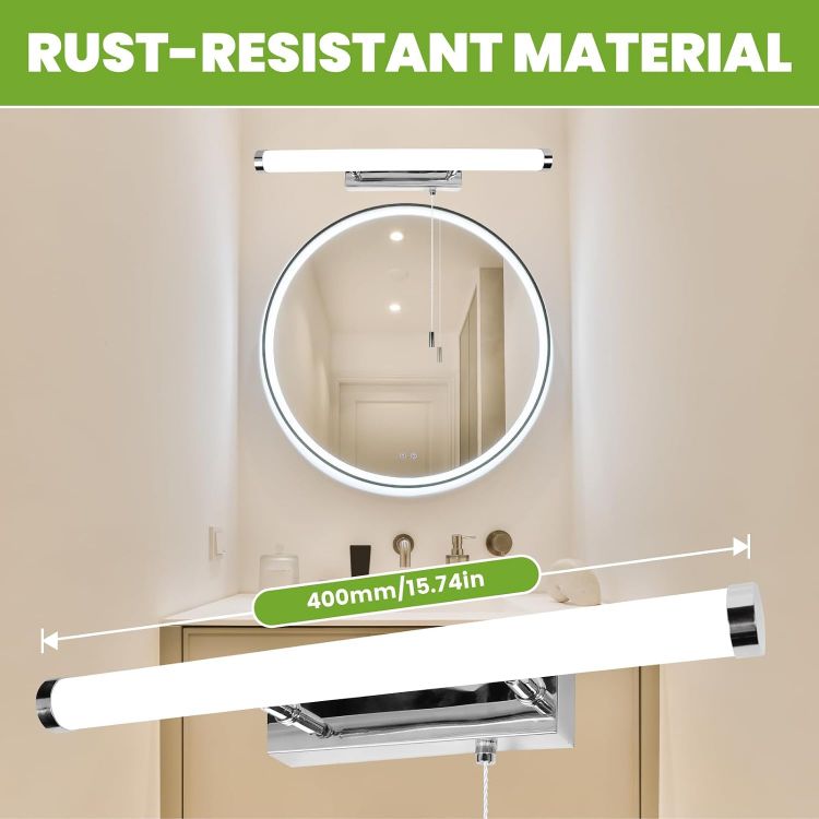 Picture of Luxvista LED Bathroom Mirror Light with Pull Cord Switch 9W, IP44 Waterproof Bathroom Wall Light with Pull Cord, Wall Light Over Mirror Lamp for Shaving and Makeup, Cool White 6500K