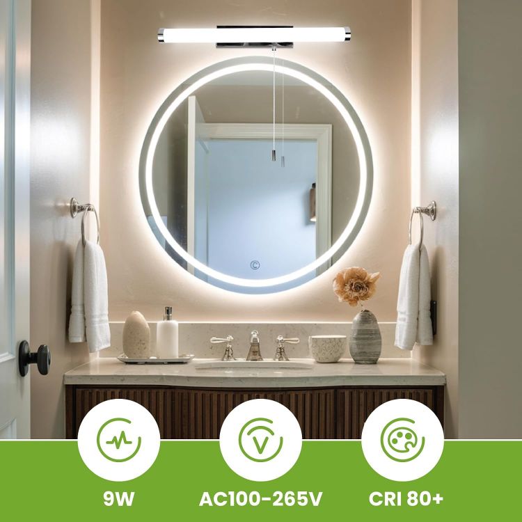 Picture of Luxvista LED Bathroom Mirror Light with Pull Cord Switch 9W, IP44 Waterproof Bathroom Wall Light with Pull Cord, Wall Light Over Mirror Lamp for Shaving and Makeup, Cool White 6500K
