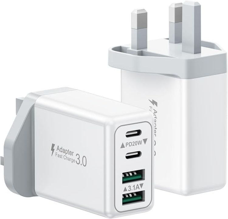 Picture of USB C Plug, 40W 4-Port Fast Charger Plug UK Dual Port PD Power Adapter +QC Multi Mains Wall Charger Type C Charging Plug for iPhone 17 16 15 14 13 12 11 Pro Max Plus XS XR SE,Samsung, iPad, AirPods - copy