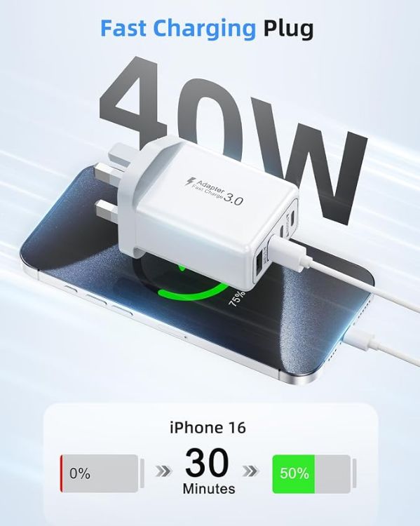 Picture of USB C Plug, 40W 4-Port Fast Charger Plug UK Dual Port PD Power Adapter +QC Multi Mains Wall Charger Type C Charging Plug for iPhone 17 16 15 14 13 12 11 Pro Max Plus XS XR SE,Samsung, iPad, AirPods - copy
