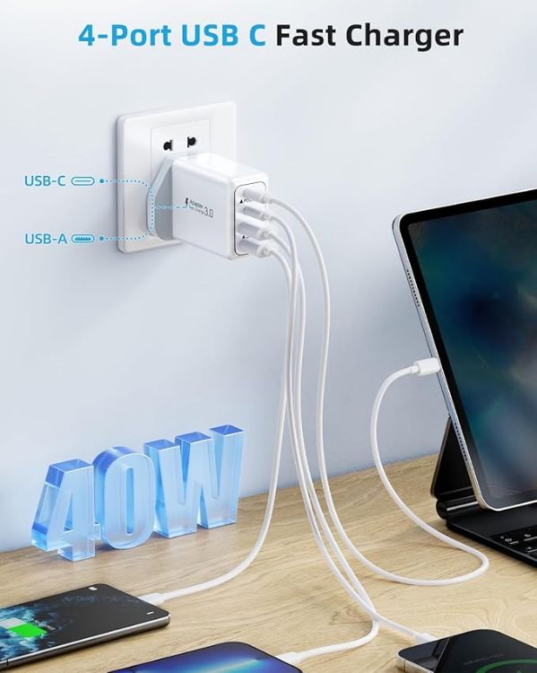 Picture of USB C Plug, 40W 4-Port Fast Charger Plug UK Dual Port PD Power Adapter +QC Multi Mains Wall Charger Type C Charging Plug for iPhone 17 16 15 14 13 12 11 Pro Max Plus XS XR SE,Samsung, iPad, AirPods - copy