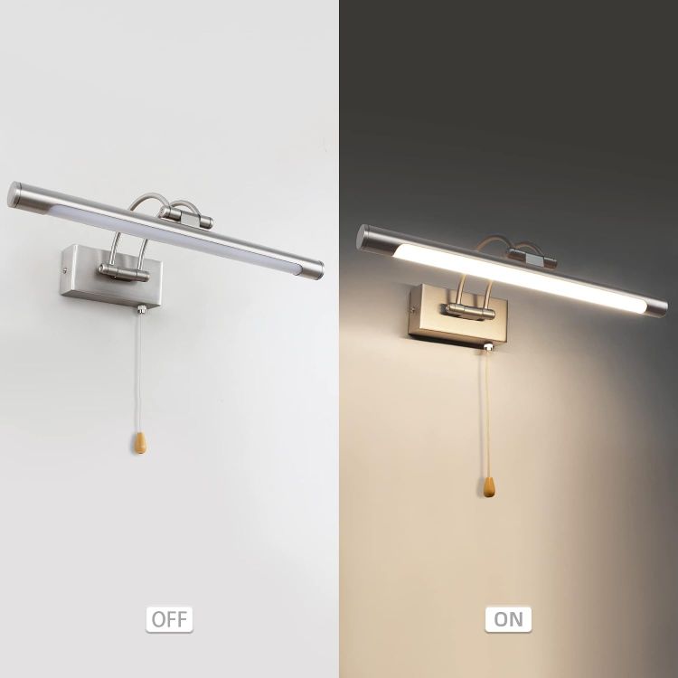 Picture of Bathroom Over Mirror Light Pull Cord Switch LED Picture Light with Swivel Lamp Head 8W Adjustable Arm Bedside Reading Lamp Fixtures for Office Bedroom 3000K IP44(Nickel) [Energy Class F]