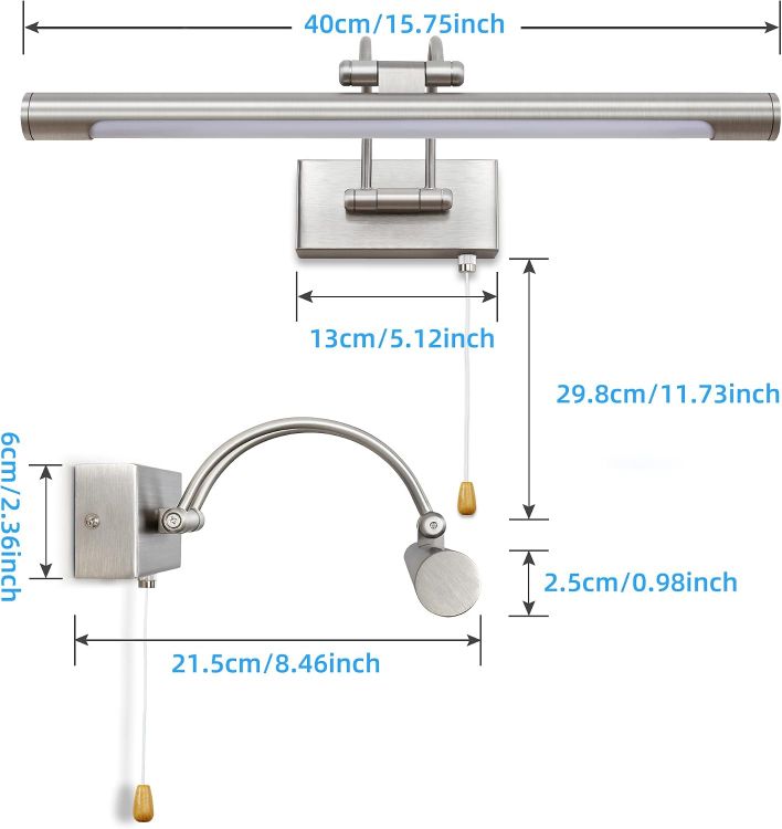 Picture of Bathroom Over Mirror Light Pull Cord Switch LED Picture Light with Swivel Lamp Head 8W Adjustable Arm Bedside Reading Lamp Fixtures for Office Bedroom 3000K IP44(Nickel) [Energy Class F]