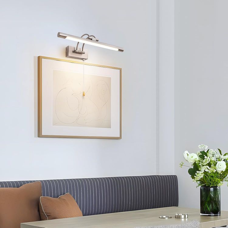 Picture of Bathroom Over Mirror Light Pull Cord Switch LED Picture Light with Swivel Lamp Head 8W Adjustable Arm Bedside Reading Lamp Fixtures for Office Bedroom 3000K IP44(Nickel) [Energy Class F]
