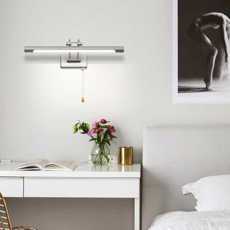 Picture of Bathroom Over Mirror Light Pull Cord Switch LED Picture Light with Swivel Lamp Head 8W Adjustable Arm Bedside Reading Lamp Fixtures for Office Bedroom 3000K IP44(Nickel) [Energy Class F]