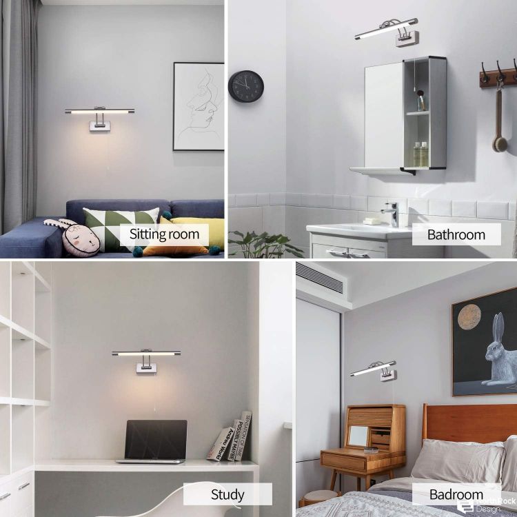 Picture of Bathroom Over Mirror Light Pull Cord Switch LED Picture Light with Swivel Lamp Head 8W Adjustable Arm Bedside Reading Lamp Fixtures for Office Bedroom 3000K IP44(Nickel) [Energy Class F]
