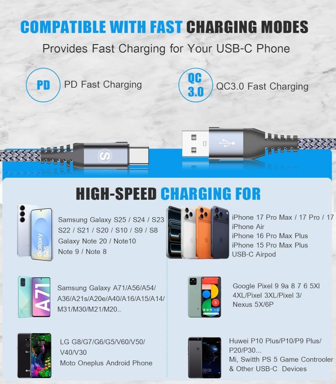 Picture of 2-Pack 2M USB C Cable 3.1A Fast Car Charger Cable Compatible for iPhone 17 air 16 15 Plus Pro Max, Samsung Flip/Fold 7 6 5 4 3 S26 S25 S24 S10 S20 S21 S22 S23 A16/15/14/13/12 A35/A34 A56/55/54, Pixel