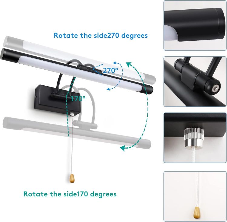 Picture of Black 8W Picture Lights for Wall Bathroom Mirror Light Bathroom Wall Light with Pull Cord 3000K IP44 for Living Room Bathroom Hotel Restaurant [Energy Class F]