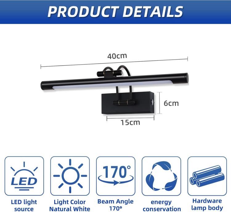 Picture of LED Picture Lights for Wall Black Bathroom Wall Light 40CM 8W 3CCT Vanity Lighting, 170° Adjustable Black Wall Lamp for Mirror Cabinet | No Scale Dimmable LED Picture Light with Rotating Lamp Head, Arc Wall Light Mirror Lighting Lamp [Energy Class F]