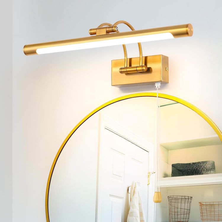 Picture of 40cm Brass Bathroom Wall Light & Picture Light - 8W LED with Pull Cord, 3000K Adjustable Arm for Paintings, IP44 Wall Lamp for Display Cases & Vanity Mirror [Energy Class F]