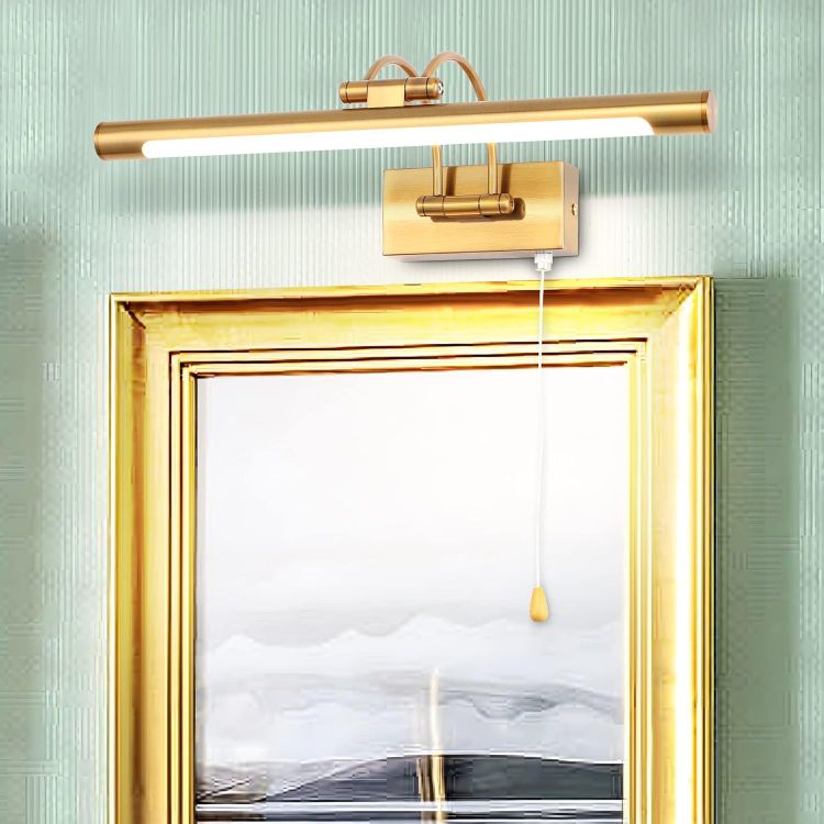 Picture of 40cm Brass Bathroom Wall Light & Picture Light - 8W LED with Pull Cord, 3000K Adjustable Arm for Paintings, IP44 Wall Lamp for Display Cases & Vanity Mirror [Energy Class F]