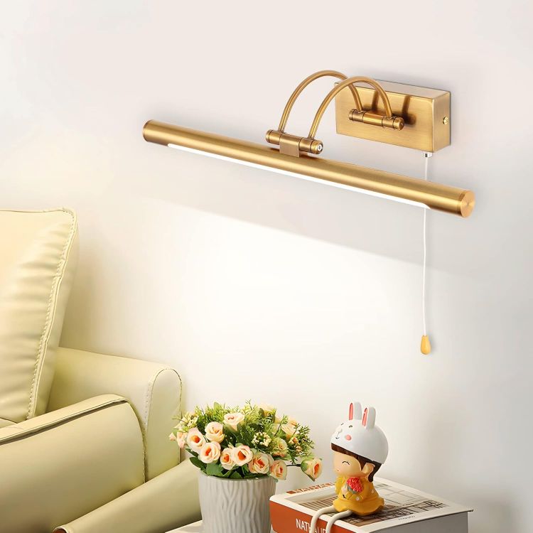 Picture of 40cm Brass Bathroom Wall Light & Picture Light - 8W LED with Pull Cord, 3000K Adjustable Arm for Paintings, IP44 Wall Lamp for Display Cases & Vanity Mirror [Energy Class F]