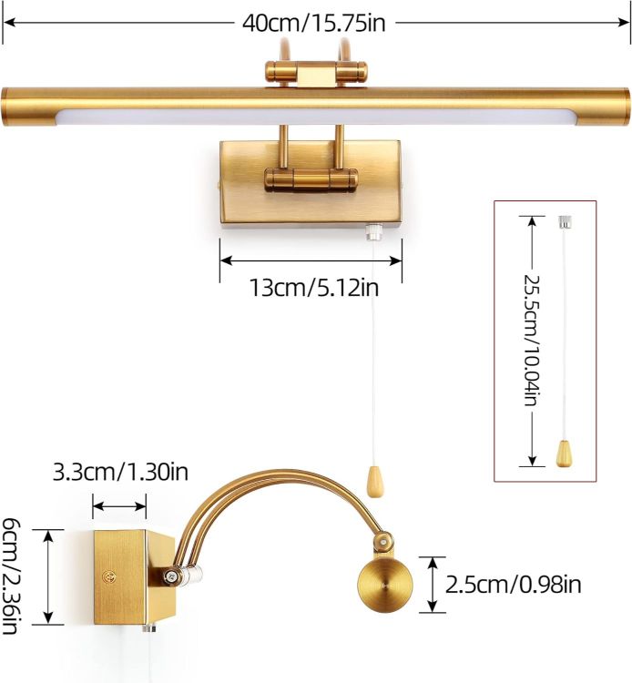 Picture of 40cm Brass Bathroom Wall Light & Picture Light - 8W LED with Pull Cord, 3000K Adjustable Arm for Paintings, IP44 Wall Lamp for Display Cases & Vanity Mirror [Energy Class F]