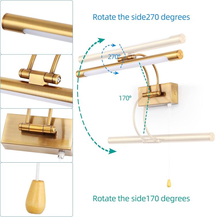 Picture of 40cm Brass Bathroom Wall Light & Picture Light - 8W LED with Pull Cord, 3000K Adjustable Arm for Paintings, IP44 Wall Lamp for Display Cases & Vanity Mirror [Energy Class F]