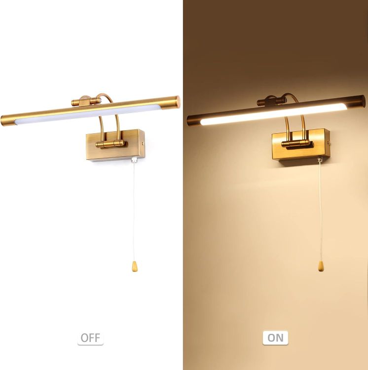 Picture of 40cm Brass Bathroom Wall Light & Picture Light - 8W LED with Pull Cord, 3000K Adjustable Arm for Paintings, IP44 Wall Lamp for Display Cases & Vanity Mirror [Energy Class F]