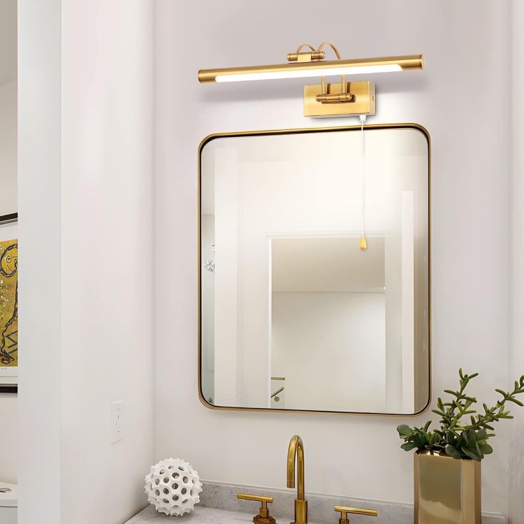 Picture of 40cm Brass Bathroom Wall Light & Picture Light - 8W LED with Pull Cord, 3000K Adjustable Arm for Paintings, IP44 Wall Lamp for Display Cases & Vanity Mirror [Energy Class F]