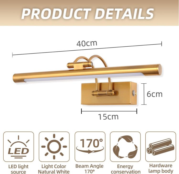 Picture of 40CM Gold Picture Lights for Wall Stepless Dimming Bath Mirror Light - 3 Color Temperatures & Swivel Head for Makeup Vanity, Picture Frame Lighting 10W [Energy Class F]