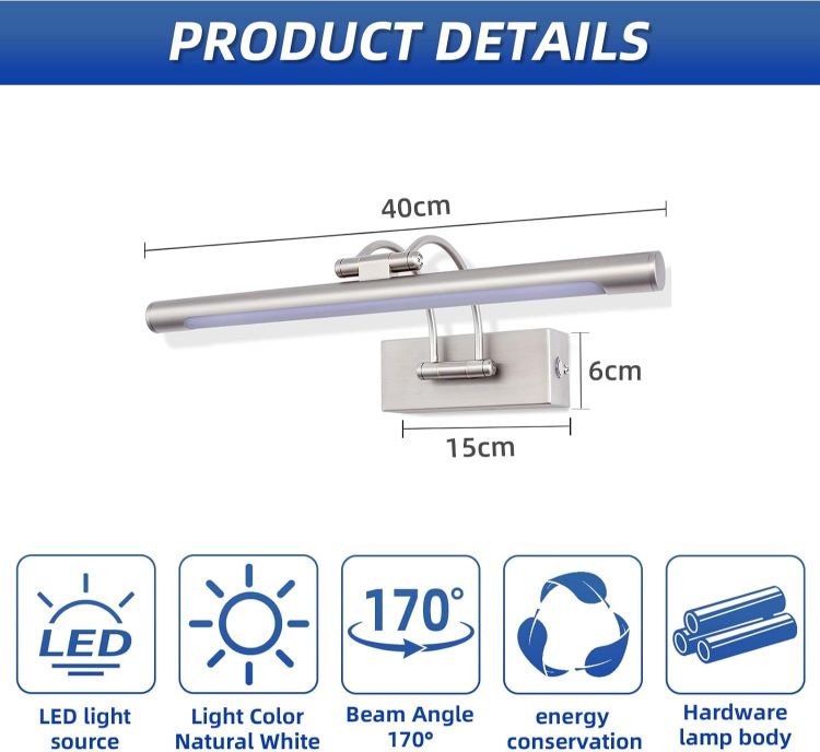 Picture of Bathroom Wall Light 40CM LED Bathroom Over Mirror Light with Switch,180° Adjustable Picture Lights IP44 Wall Lamp 8W Aluminum for Hotel Shaver Make Up Wall Scones(Matte Nickel) [Energy Class F]