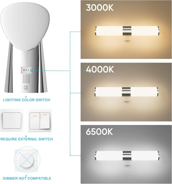 Picture of LED Bathroom Over Mirror Light, Length 40CM Bathroom Wall Mounted Vanity Light for Mirror, IP44 Waterproof, Silver Chrome Lamp, 8W 800Lm Not Dimmable, 3 Levels Optional Lighting Colors [Energy Class F]