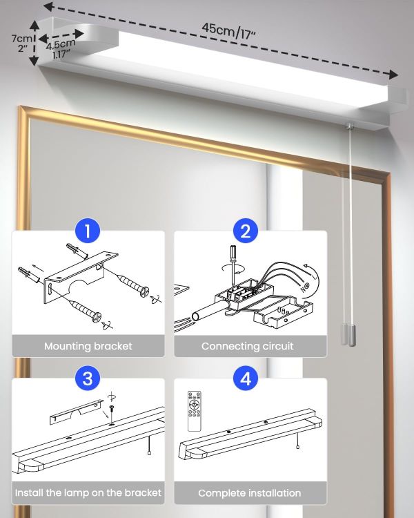 Picture of LED Bathroom Mirror Light, 7W IP44 Waterproof Bathroom Wall Light with Remote & Pull Cord Switch, 3 Colors Dimmable Wall Lights for Bathroom Living Room [Energy Class A]
