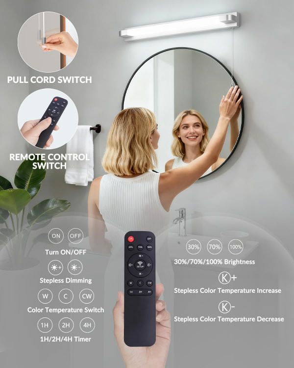 Picture of LED Bathroom Mirror Light, 7W IP44 Waterproof Bathroom Wall Light with Remote & Pull Cord Switch, 3 Colors Dimmable Wall Lights for Bathroom Living Room [Energy Class A]