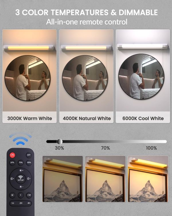 Picture of LED Bathroom Mirror Light, 7W IP44 Waterproof Bathroom Wall Light with Remote & Pull Cord Switch, 3 Colors Dimmable Wall Lights for Bathroom Living Room [Energy Class A]