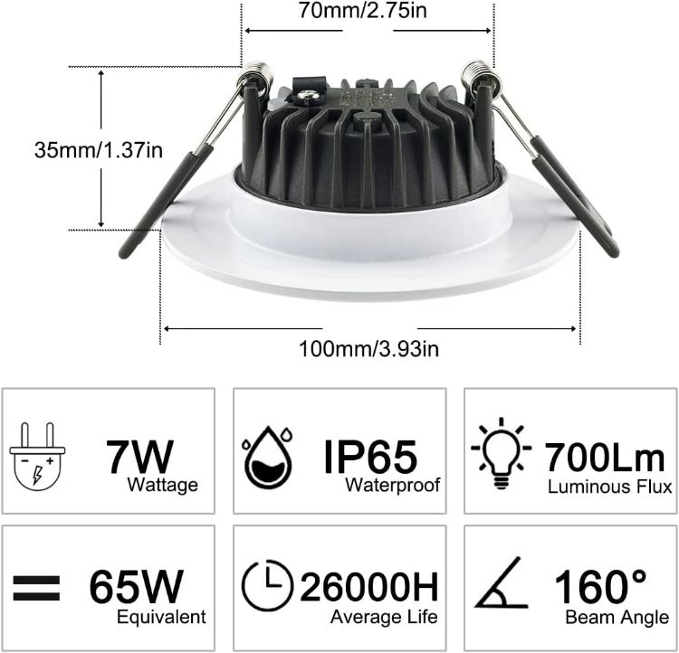 Picture of Recessed LED Ceiling Light, IP65 Soffit Bathroom Lights Ceiling, 7W LED Waterproof Spotlights Downlight for Bathroom Shower Kitchen, Cut Φ70-90mm Hole, 6 Pack [3000K Warm White] [Energy Class E]