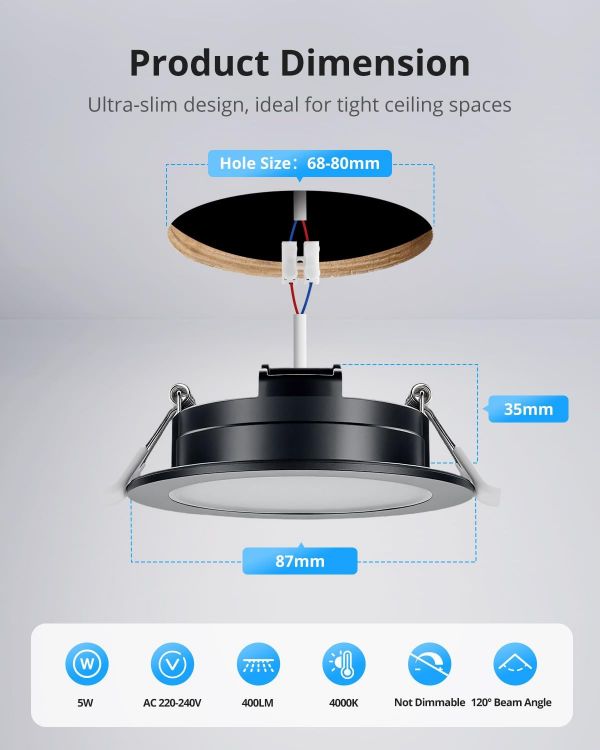Picture of Gr4tec LED Downlights for Ceiling, 10 X 5W LED Recessed Ceiling Lights Black 4000K Natural White, Bathroom Spotlights IP65 Waterproof, 35mm Ultra-Slim, φ68-80mm Hole Spotlights for Bedroom Kitchen [Energy Class F]