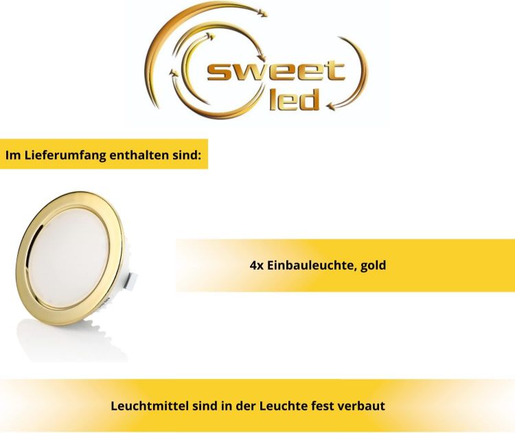 Picture of sweet-led 1 - 4 Pack, 3.5 W LED, G4 230 V IP44, Flat Furniture Light, Recessed Furniture Light, Bathroom Light, Recessed Spotlight, Ultra Flat Mini Wet Room (4 Warm White/Gold) [Energy Class G]