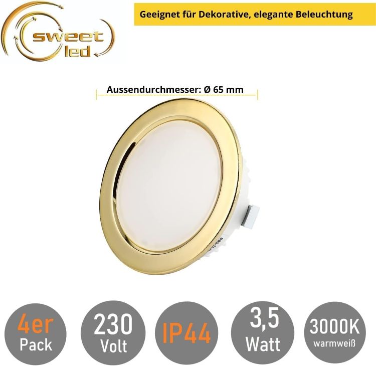 Picture of sweet-led 1 - 4 Pack, 3.5 W LED, G4 230 V IP44, Flat Furniture Light, Recessed Furniture Light, Bathroom Light, Recessed Spotlight, Ultra Flat Mini Wet Room (4 Warm White/Gold) [Energy Class G]