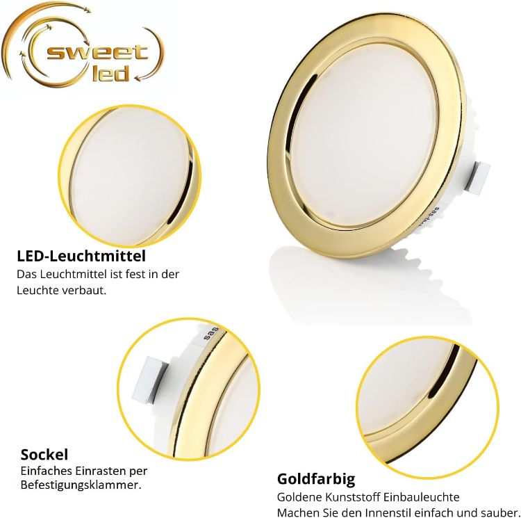 Picture of sweet-led 1 - 4 Pack, 3.5 W LED, G4 230 V IP44, Flat Furniture Light, Recessed Furniture Light, Bathroom Light, Recessed Spotlight, Ultra Flat Mini Wet Room (4 Warm White/Gold) [Energy Class G]
