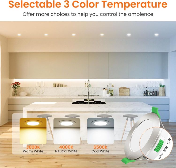 Picture of ALUSSO LIGHTING 6 Pack LED Downlights, LED Recessed Ceiling Lights 4W 310LM 230V, 55-68mm Cutout Dimmable,3CCT 3000K 4000K 6500K Adjustable, IP44 Suitable for Bathroom Living Room Kitchen,Nickel [Energy Class F]