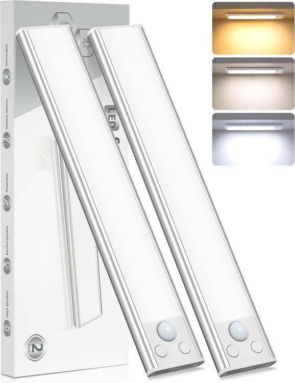 Picture of Under Cabinet Kitchen Lights Cupboard - LED Motion Sensor Light | Rechargeable Battery Operated, Indoor Magnetic Wardrobe Strip Lighting, Wireless USB, Adhesive, Stick on Counter Shelf Closet [Energy Class G]
