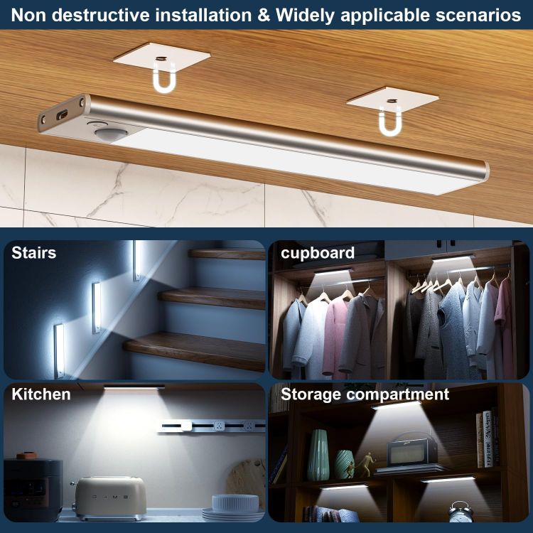 Picture of Under Cabinet Kitchen Lights Cupboard - LED Motion Sensor Light | Rechargeable Battery Operated, Indoor Magnetic Wardrobe Strip Lighting, Wireless USB, Adhesive, Stick on Counter Shelf Closet [Energy Class G]