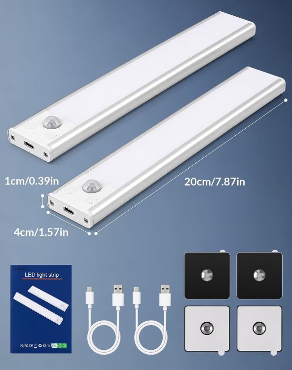 Picture of Under Cabinet Kitchen Lights Cupboard - LED Motion Sensor Light | Rechargeable Battery Operated, Indoor Magnetic Wardrobe Strip Lighting, Wireless USB, Adhesive, Stick on Counter Shelf Closet [Energy Class G]