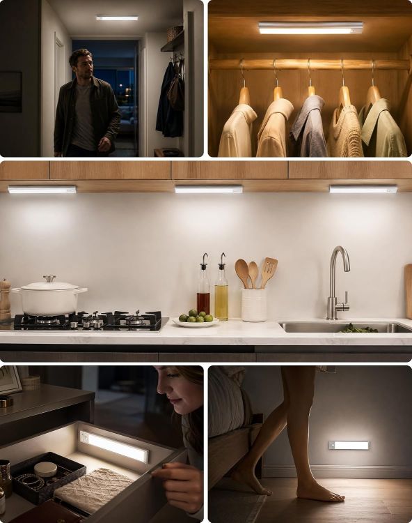 Picture of Under Cabinet Kitchen Lights Cupboard - LED Motion Sensor Light | Rechargeable Battery Operated, Indoor Magnetic Wardrobe Strip Lighting, Wireless USB, Adhesive, Stick on Counter Shelf Closet [Energy Class G]