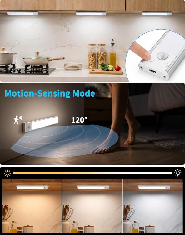 Picture of Under Cabinet Kitchen Lights Cupboard - LED Motion Sensor Light Indoor - 2200mAh Rechargeable Battery Operated - Wardrobe Strip Lighting Magnetic Stick Wireless USB Powered Shelf Stairs Counter Closet [Energy Class F]