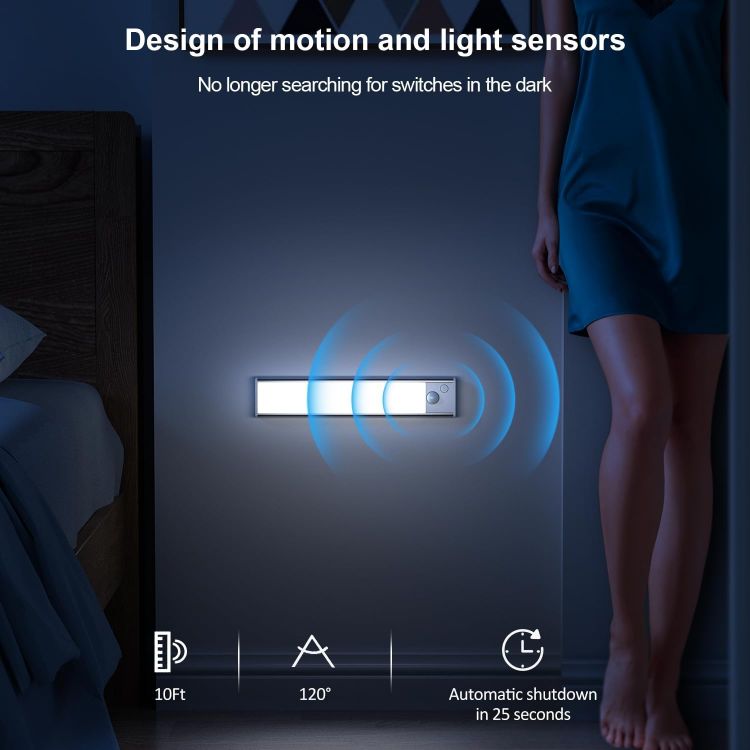Picture of Under Cabinet Kitchen Lights Cupboard - LED Motion Sensor Light Indoor - 2200mAh Rechargeable Battery Operated - Wardrobe Strip Lighting Magnetic Stick Wireless USB Powered Shelf Stairs Counter Closet [Energy Class F]