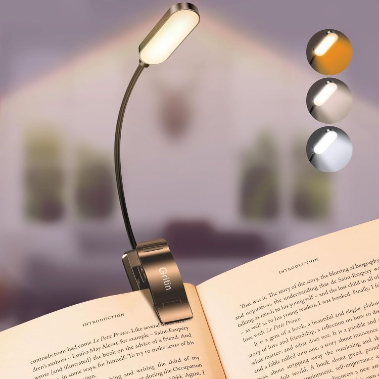 Picture of Gritin 16 LED Reading Light, Book Light - Eye Caring 3 Color Temperatures | Stepless Dimming Brightness, Power Indicator, Long-Lasting Rechargeable, Lightweight Flexible Clip on Lamp for Book Lovers