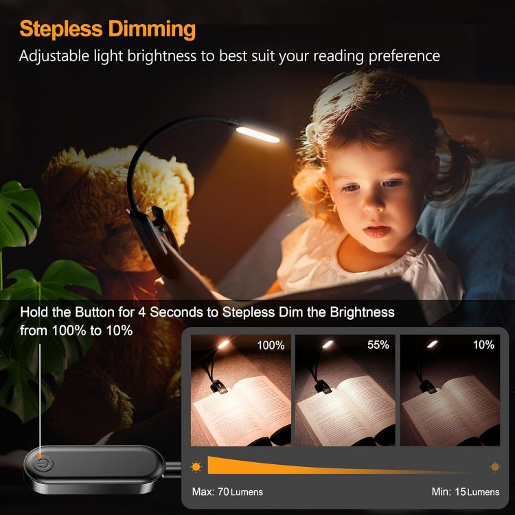 Picture of Gritin 16 LED Reading Light, Book Light - Eye Caring 3 Color Temperatures | Stepless Dimming Brightness, Power Indicator, Long-Lasting Rechargeable, Lightweight Flexible Clip on Lamp for Book Lovers